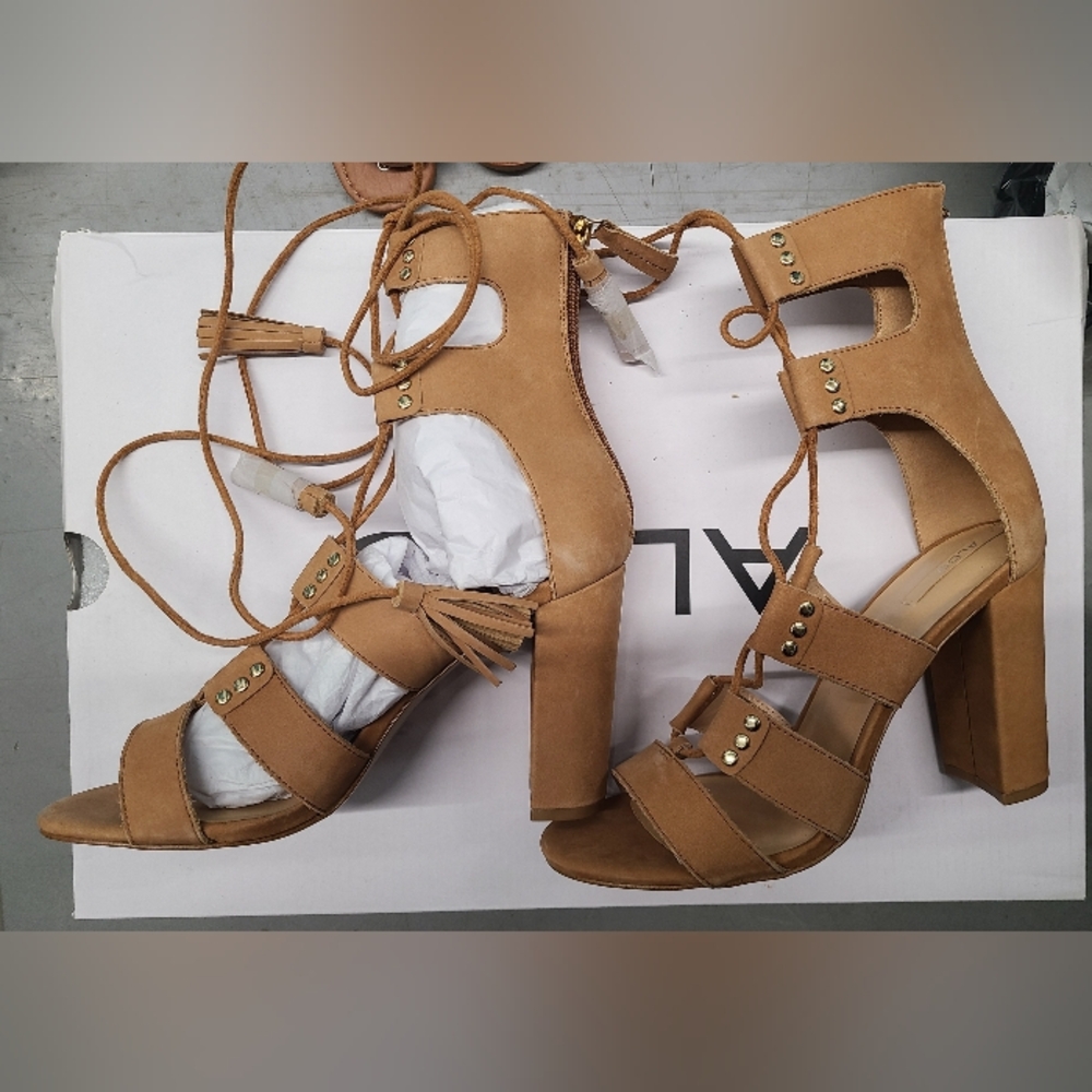 Aldo Cognac Brown Leather Suede Gladiator Women’s Lace-Up Block Heel Sandals